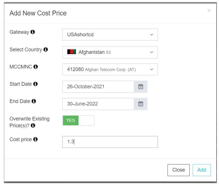 Configure Gateway Cost Price