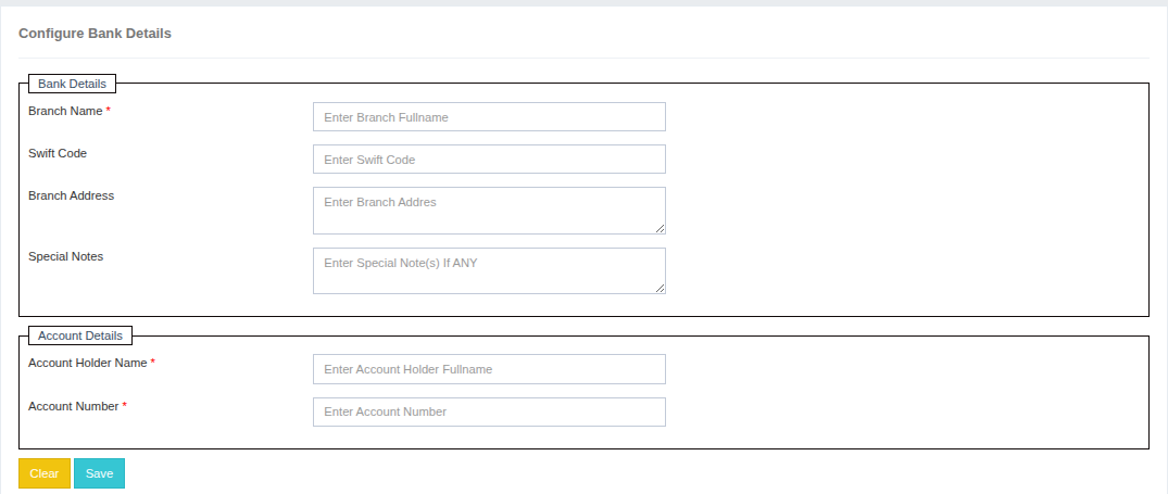 Configure Bank Details